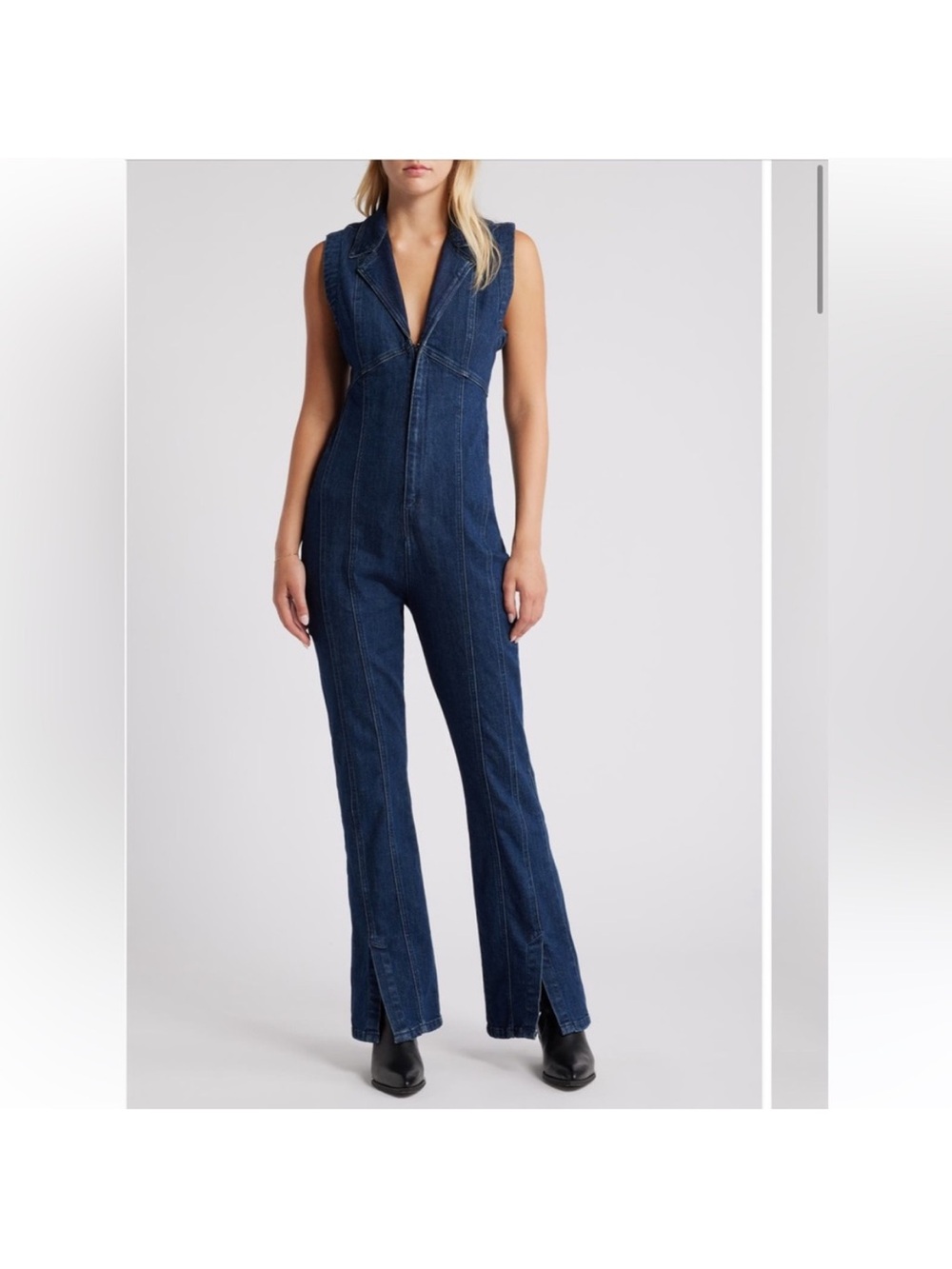 Free People Ring the Alarm Blue Denim Jumpsuit Size XL